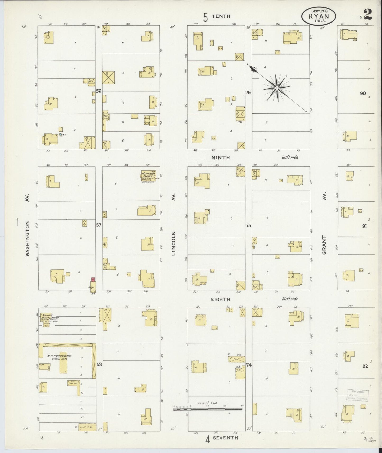 Sanborn Fire Insurance Map from Ryan, Jefferson County, Oklahoma (1908), Sheet #0002 - Historic Sanborn Fire Insurance Map Print, vintage old map wall art, antique decor, genealogy gift, Oklahoma Oklahoma map