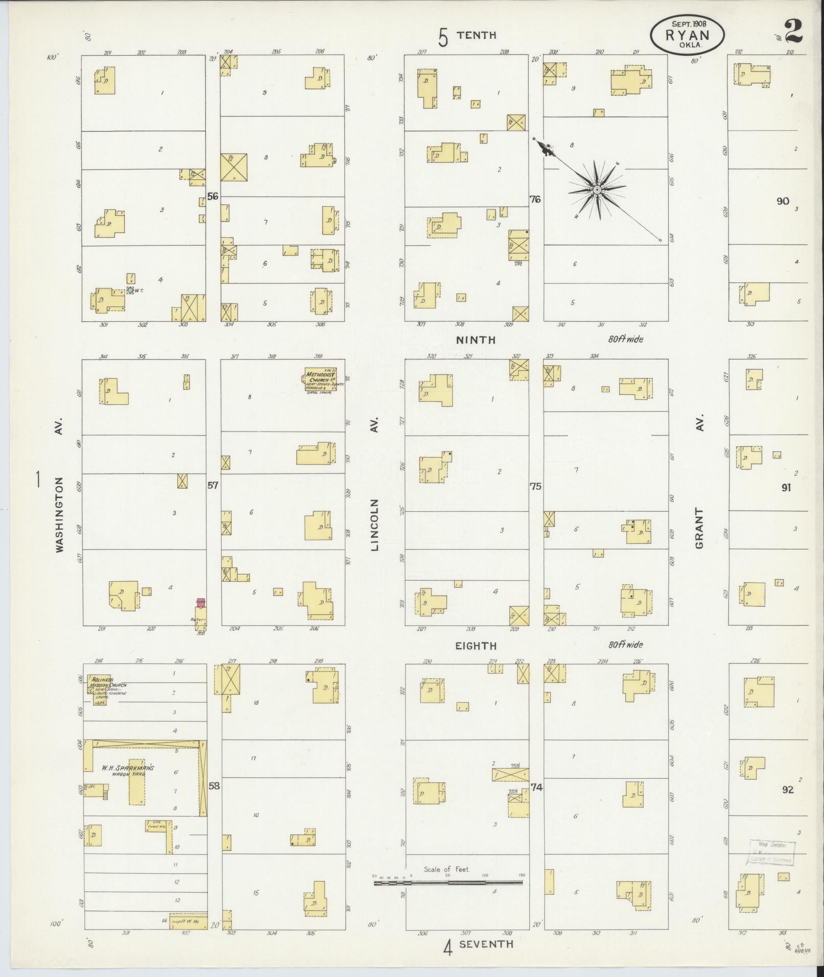 Sanborn Fire Insurance Map from Ryan, Jefferson County, Oklahoma (1908), Sheet #0002 - Historic Sanborn Fire Insurance Map Print, vintage old map wall art, antique decor, genealogy gift, Oklahoma Oklahoma map