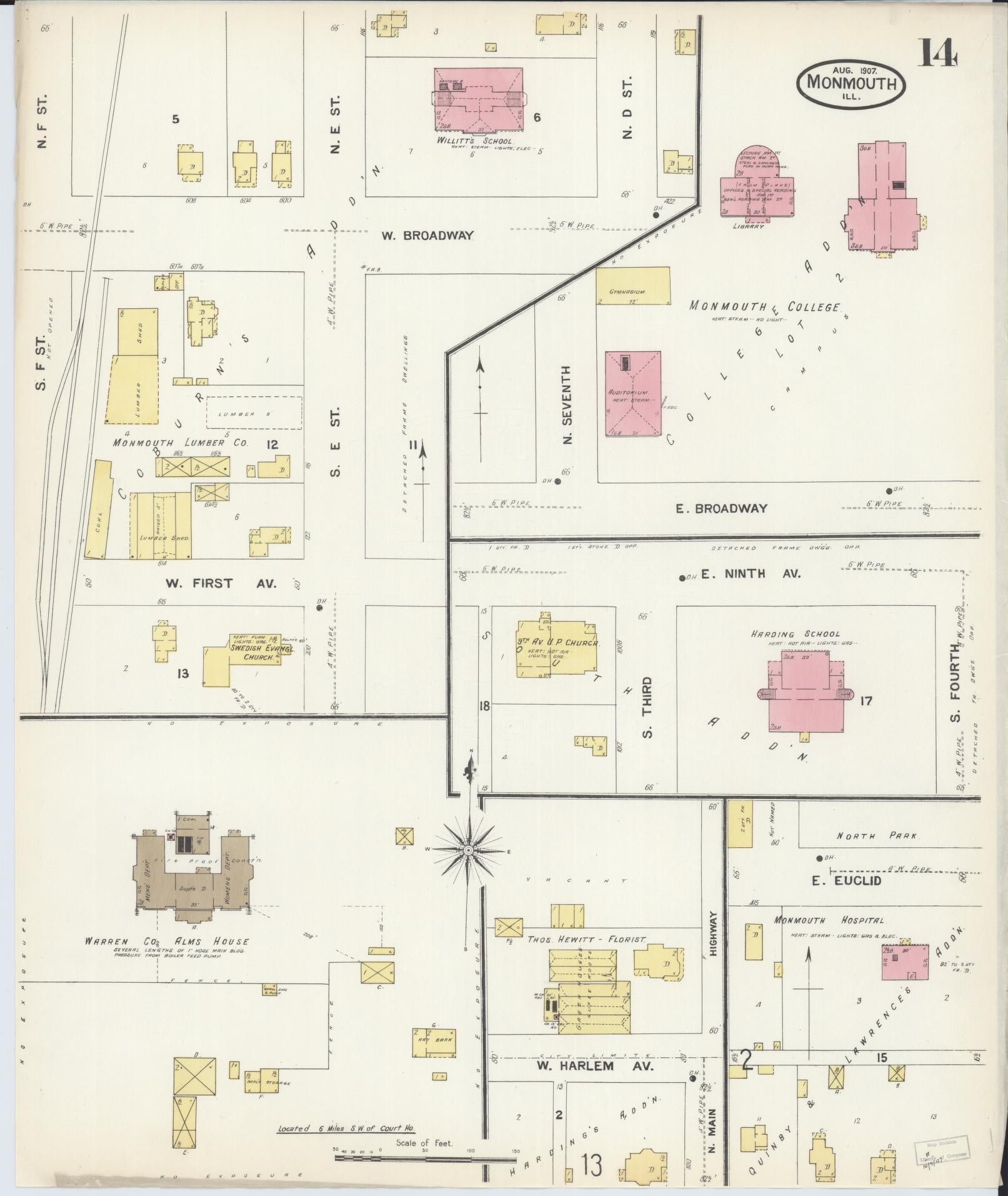 Sanborn Fire Insurance Map from Monmouth, Warren County, Illinois (1907), Sheet #0014 - Complete Map Set gallery image, historic Sanborn map, vintage wall art, Illinois Illinois