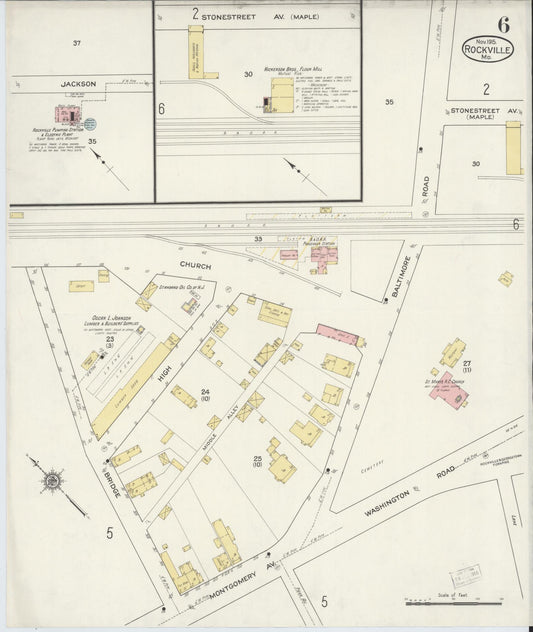 Sanborn Fire Insurance Map from Rockville, Montgomery County, Maryland (1915), Sheet #0006 - Historic Sanborn Fire Insurance Map Print, vintage old map wall art, antique decor, genealogy gift, Maryland Maryland map