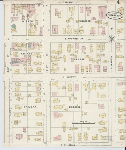 Sanborn Fire Insurance Map from Ann Arbor, Washtenaw County, Michigan (1888), Sheet #0004 - Historic Sanborn Fire Insurance Map Print, vintage old map wall art, antique decor, genealogy gift, Michigan Michigan map