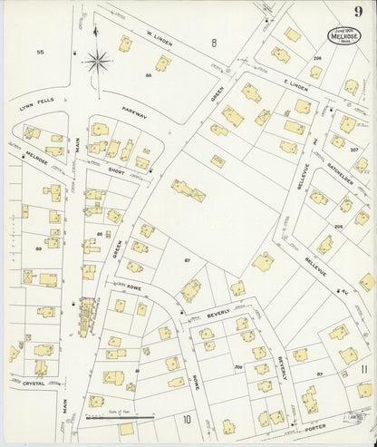 Sanborn Fire Insurance Map from Melrose, Middlesex County, Massachusetts (1909), Sheet #0009 - Historic Sanborn Fire Insurance Map Print, vintage old map wall art, antique decor, genealogy gift, Massachusetts Massachusetts map