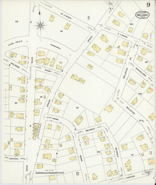 Sanborn Fire Insurance Map from Melrose, Middlesex County, Massachusetts (1909), Sheet #0009 - Historic Sanborn Fire Insurance Map Print, vintage old map wall art, antique decor, genealogy gift, Massachusetts Massachusetts map