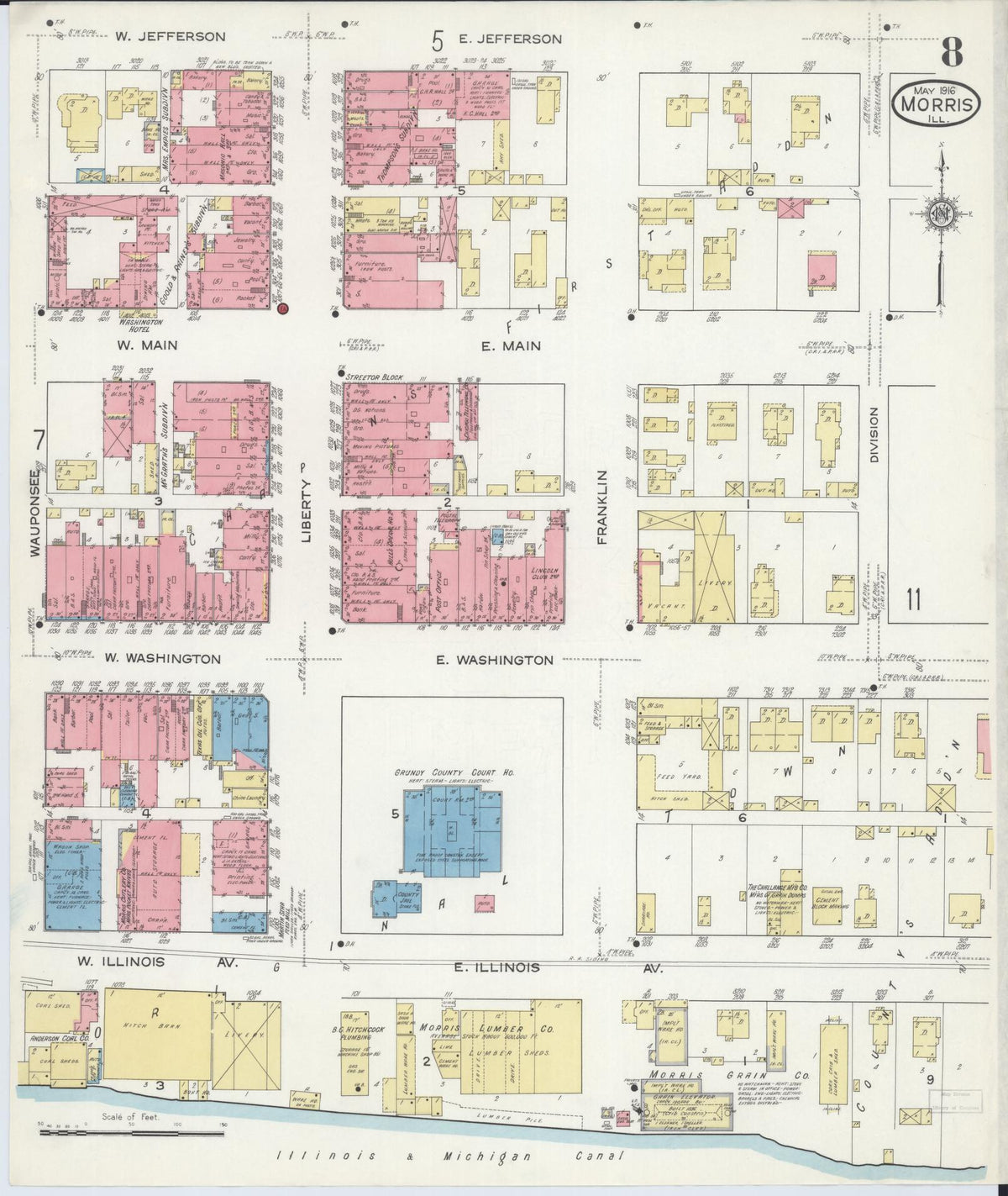Sanborn Fire Insurance Map from Morris, Grundy County, Illinois (1916), Sheet #0008 - Historic Sanborn Fire Insurance Map Print, vintage old map wall art, antique decor, genealogy gift, Illinois Illinois map