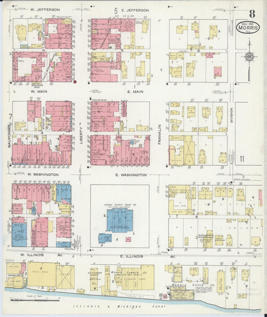 Sanborn Fire Insurance Map from Morris, Grundy County, Illinois (1916), Sheet #0008 - Historic Sanborn Fire Insurance Map Print, vintage old map wall art, antique decor, genealogy gift, Illinois Illinois map