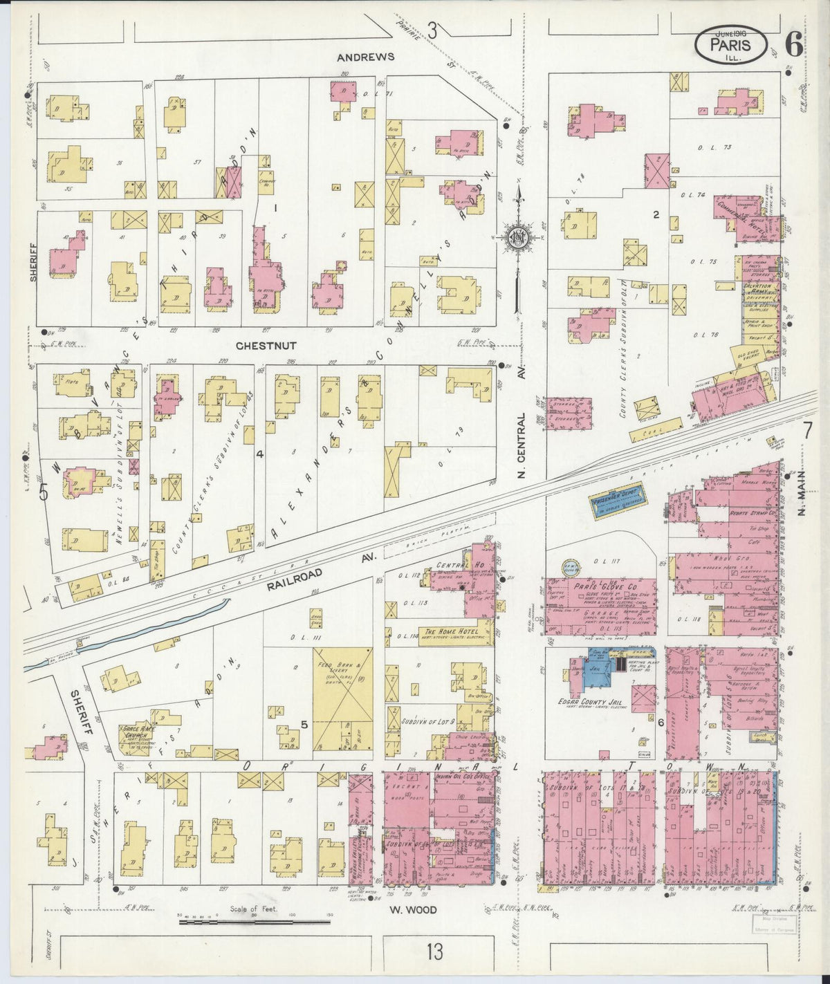 Sanborn Fire Insurance Map from Paris, Edgar County, Illinois (1916), Sheet #0006 - Historic Sanborn Fire Insurance Map Print, vintage old map wall art, antique decor, genealogy gift, Illinois Illinois map