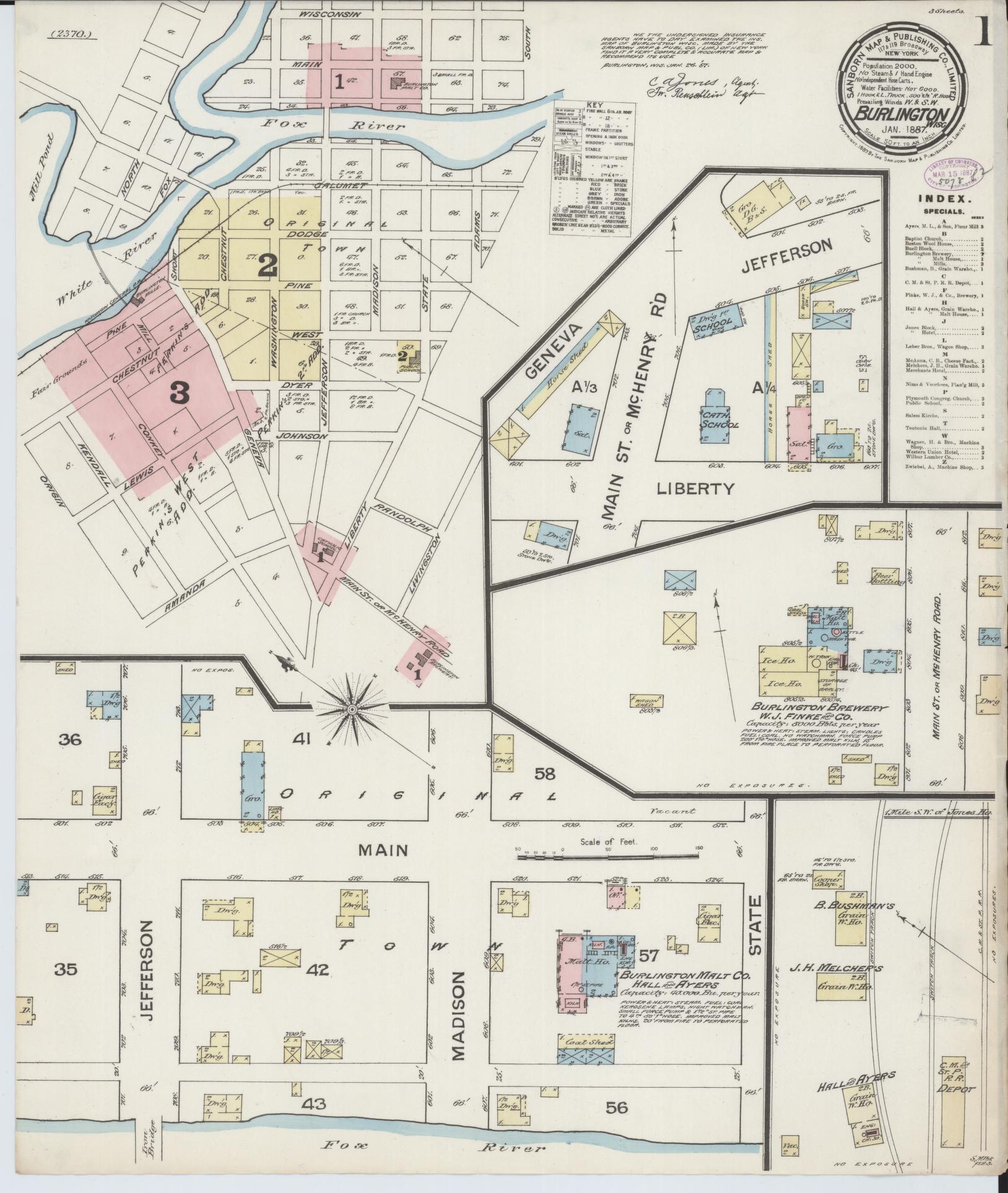 Sanborn Fire Insurance Map from Burlington, Racine County, Wisconsin (1887), Sheet #0001 - Complete Map Set gallery image, historic Sanborn map, vintage wall art, Wisconsin Wisconsin