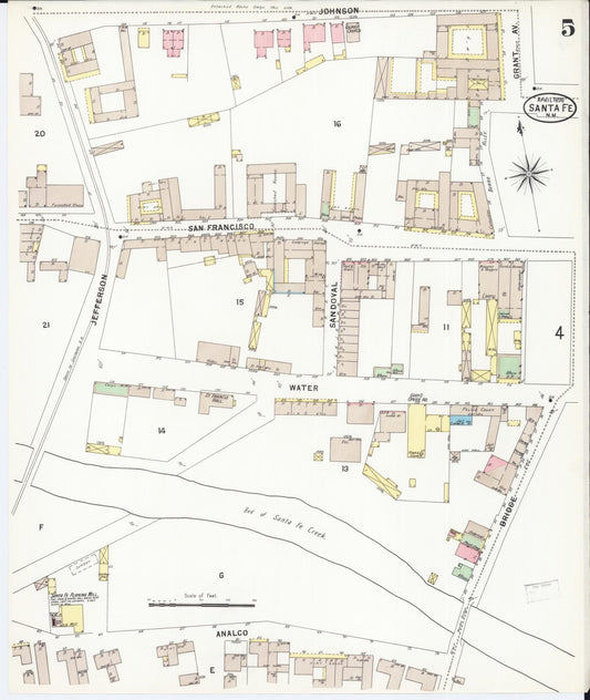 Sanborn Fire Insurance Map from Santa Fe, Santa Fe County, New Mexico (1898), Sheet #0005 - Historic Sanborn Fire Insurance Map Print, vintage old map wall art, antique decor, genealogy gift, New Mexico New Mexico map