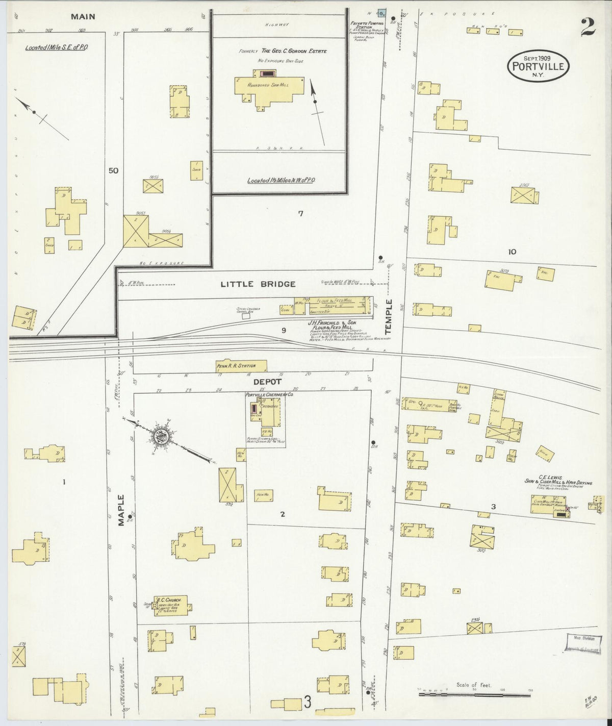 Sanborn Fire Insurance Map from Portville, Cattaraugus County, New York (1909), Sheet #0002 - Historic Sanborn Fire Insurance Map Print, vintage old map wall art, antique decor, genealogy gift, New York New York map