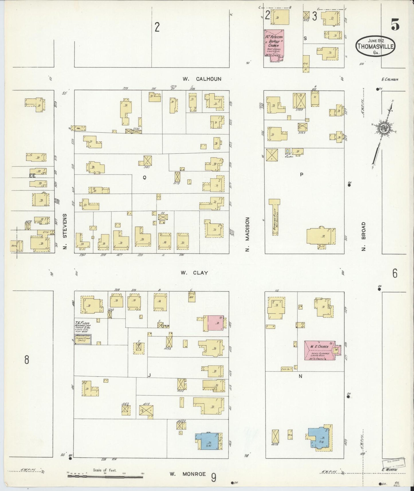 Sanborn Fire Insurance Map from Thomasville, Thomas County, Georgia (1912), Sheet #0005 - Historic Sanborn Fire Insurance Map Print, vintage old map wall art, antique decor, genealogy gift, Georgia Georgia map