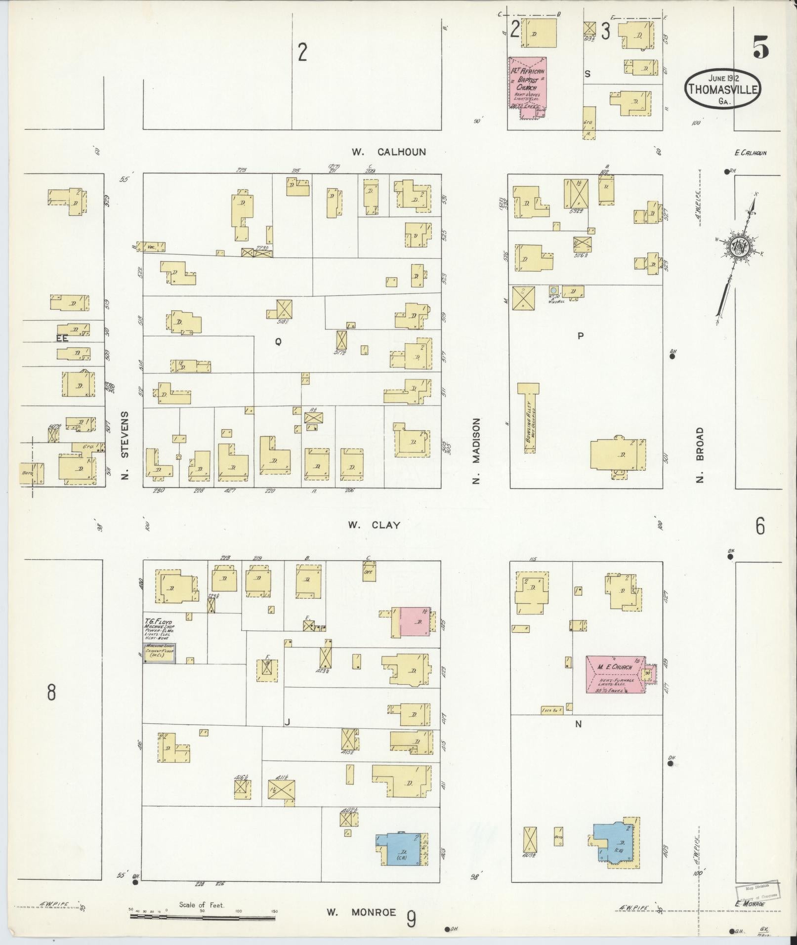 Sanborn Fire Insurance Map from Thomasville, Thomas County, Georgia (1912), Sheet #0005 - Historic Sanborn Fire Insurance Map Print, vintage old map wall art, antique decor, genealogy gift, Georgia Georgia map