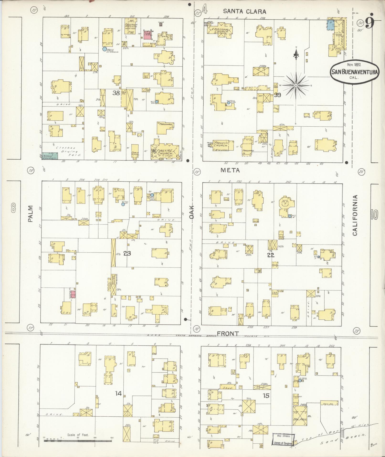 Sanborn Fire Insurance Map from San Buenaventura, Ventura County, California (1892), Sheet #0009 - Complete Map Set gallery image, historic Sanborn map, vintage wall art, California California