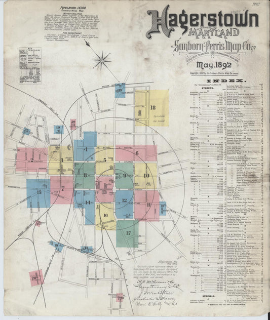 Sanborn Fire Insurance Map from Hagerstown, Washington County, Maryland (1892), Sheet #0001 - Historic Sanborn Fire Insurance Map Print, vintage old map wall art, antique decor, genealogy gift, Maryland Maryland map