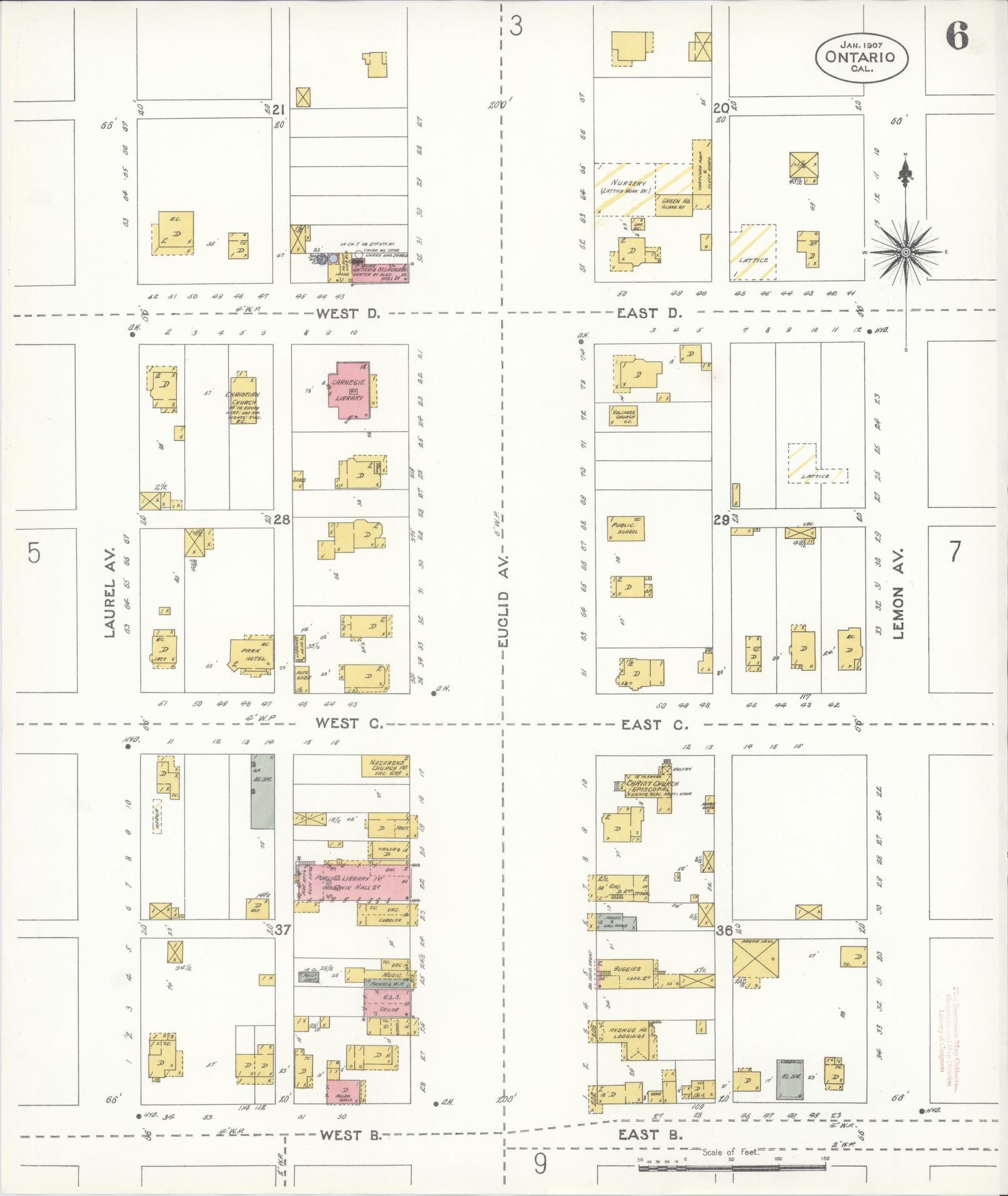 Sanborn Fire Insurance Map from Ontario, San Bernardino County, California (1907), Sheet #0006 - Historic Sanborn Fire Insurance Map Print, vintage old map wall art, antique decor, genealogy gift, California California map