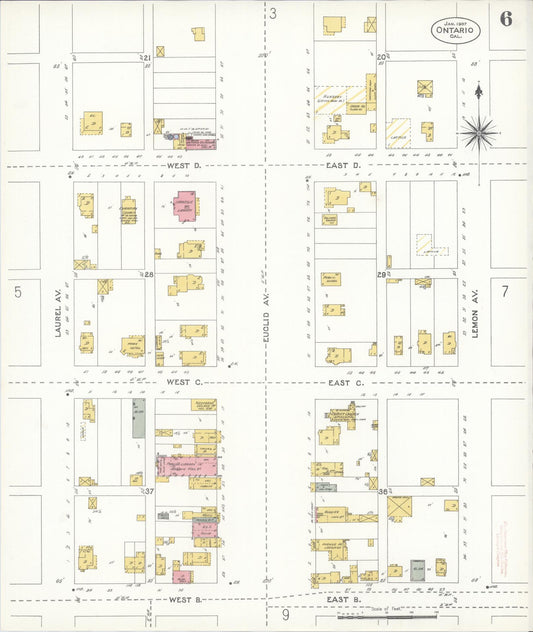 Sanborn Fire Insurance Map from Ontario, San Bernardino County, California (1907), Sheet #0006 - Historic Sanborn Fire Insurance Map Print, vintage old map wall art, antique decor, genealogy gift, California California map