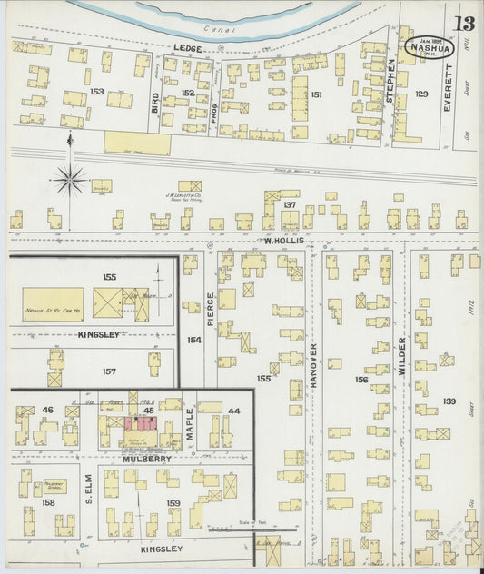 Sanborn Fire Insurance Map from Nashua, Hillsborough County, New Hampshire (1892), Sheet #0013 - Historic Sanborn Fire Insurance Map Print, vintage old map wall art, antique decor, genealogy gift, New Hampshire New Hampshire map