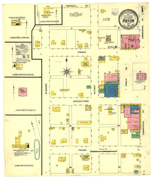 Sanborn Fire Insurance Map from Anson, Jones County, Texas (1908), Sheet #0001 - Historic Sanborn Fire Insurance Map Print, vintage old map wall art, antique decor, genealogy gift, Texas Texas map