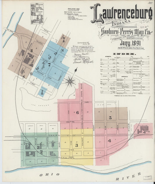 Sanborn Fire Insurance Map from Lawrenceburg, Dearborn County, Indiana (1891), Sheet #0001 - Historic Sanborn Fire Insurance Map Print, vintage old map wall art, antique decor, genealogy gift, Indiana Indiana map