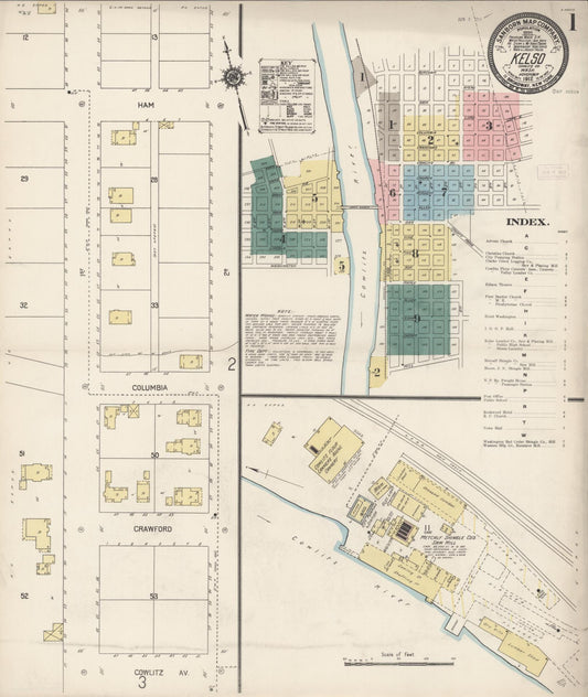Sanborn Fire Insurance Map from Kelso, Cowlitz County, Washington (1912), Sheet #0001 - Historic Sanborn Fire Insurance Map Print, vintage old map wall art, antique decor, genealogy gift, Washington Washington map