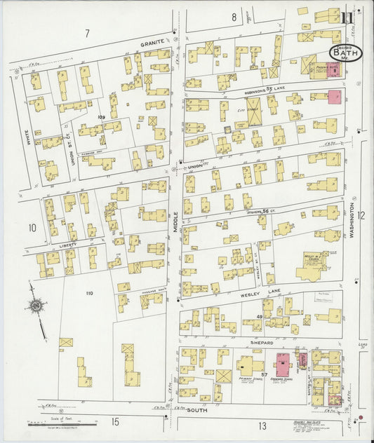 Sanborn Fire Insurance Map from Bath, Sagadahoc County, Maine (1919), Sheet #0011 - Historic Sanborn Fire Insurance Map Print, vintage old map wall art, antique decor, genealogy gift, Maine Maine map