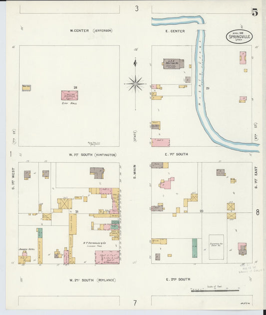 Sanborn Fire Insurance Map from Springville, Utah County, Utah (1908), Sheet #0005 - Historic Sanborn Fire Insurance Map Print, vintage old map wall art, antique decor, genealogy gift, Springville Utah map