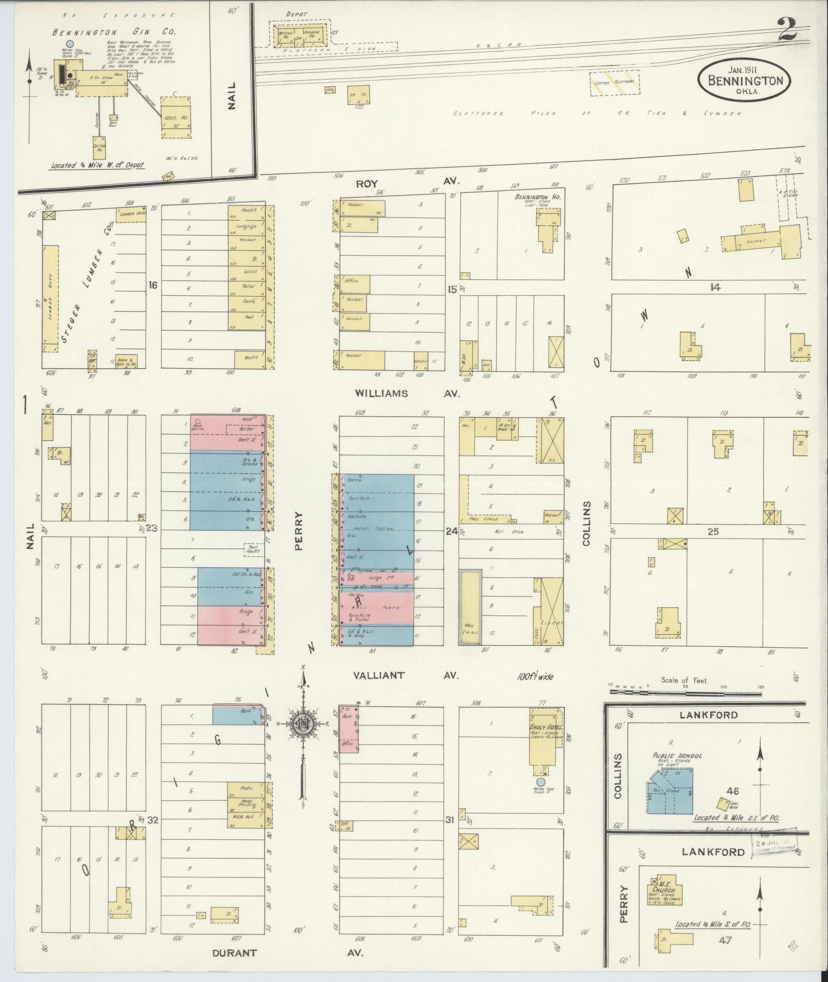 Sanborn Fire Insurance Map from Bennington, Bryan County, Oklahoma (1911), Sheet #0002 - Historic Sanborn Fire Insurance Map Print, vintage old map wall art, antique decor, genealogy gift, Oklahoma Oklahoma map