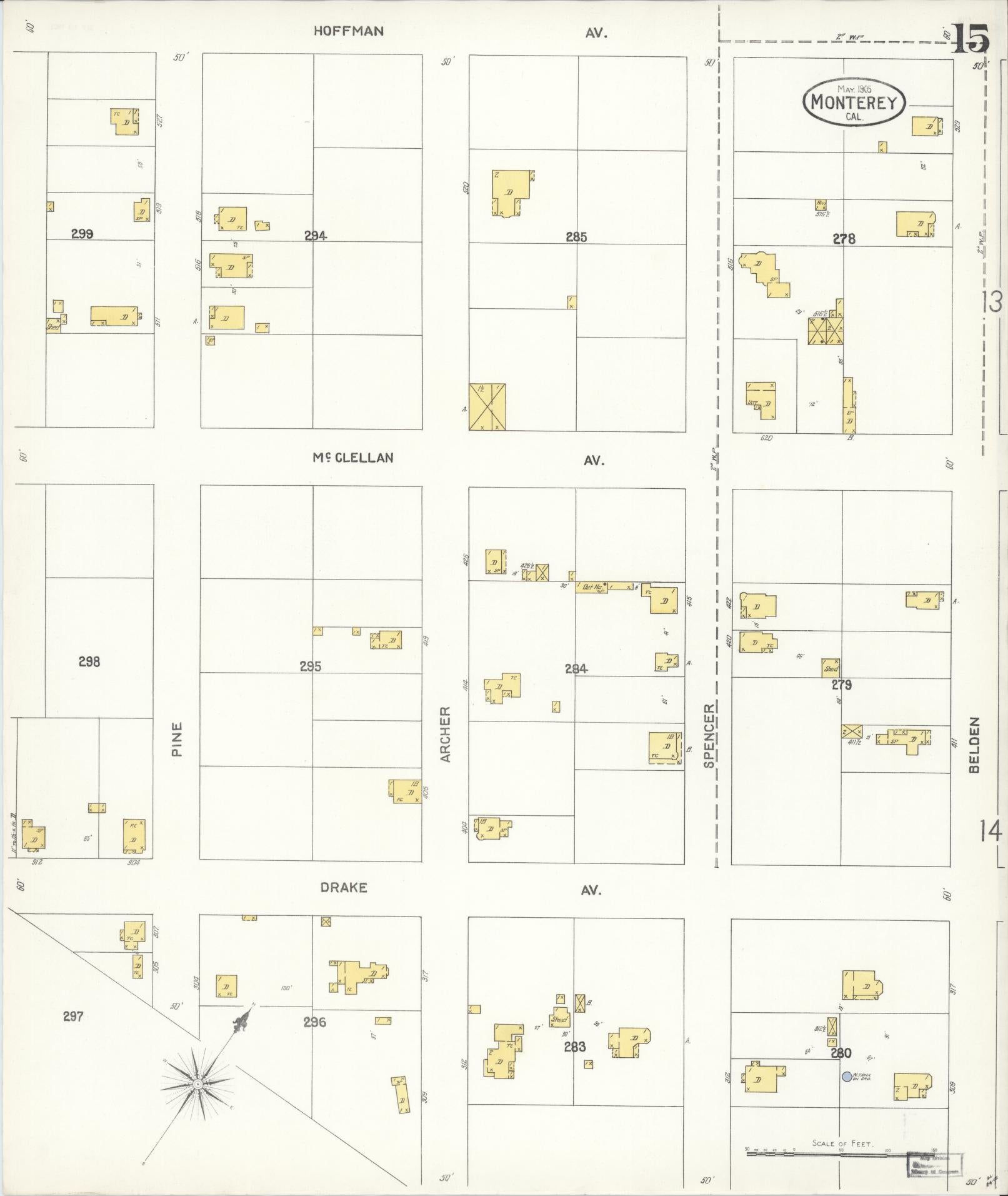 Sanborn Fire Insurance Map from Monterey, Monterey County, California (1905), Sheet #0015 - Historic Sanborn Fire Insurance Map Print, vintage old map wall art, antique decor, genealogy gift, California California map