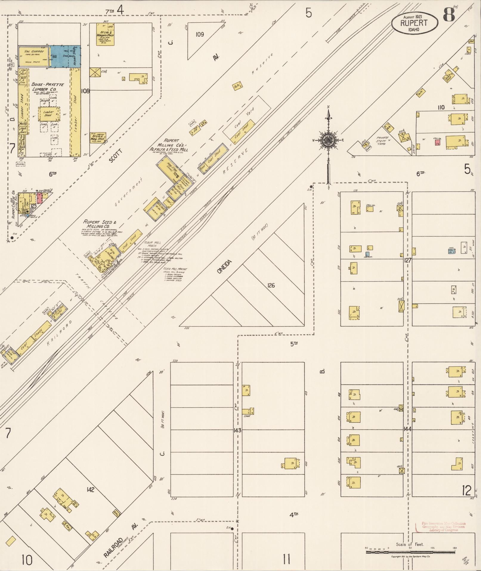 Sanborn Fire Insurance Map from Rupert, Minidoka County, Idaho (1921), Sheet #0008 - Complete Map Set gallery image, historic Sanborn map, vintage wall art, Idaho Idaho