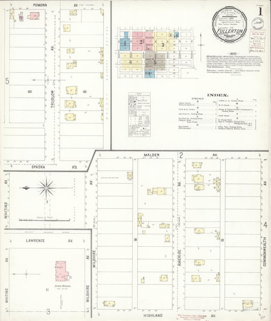 Sanborn Fire Insurance Map from Fullerton, Orange County, California (1900), Sheet #0001 - Complete Map Set gallery image, historic Sanborn map, vintage wall art, California California