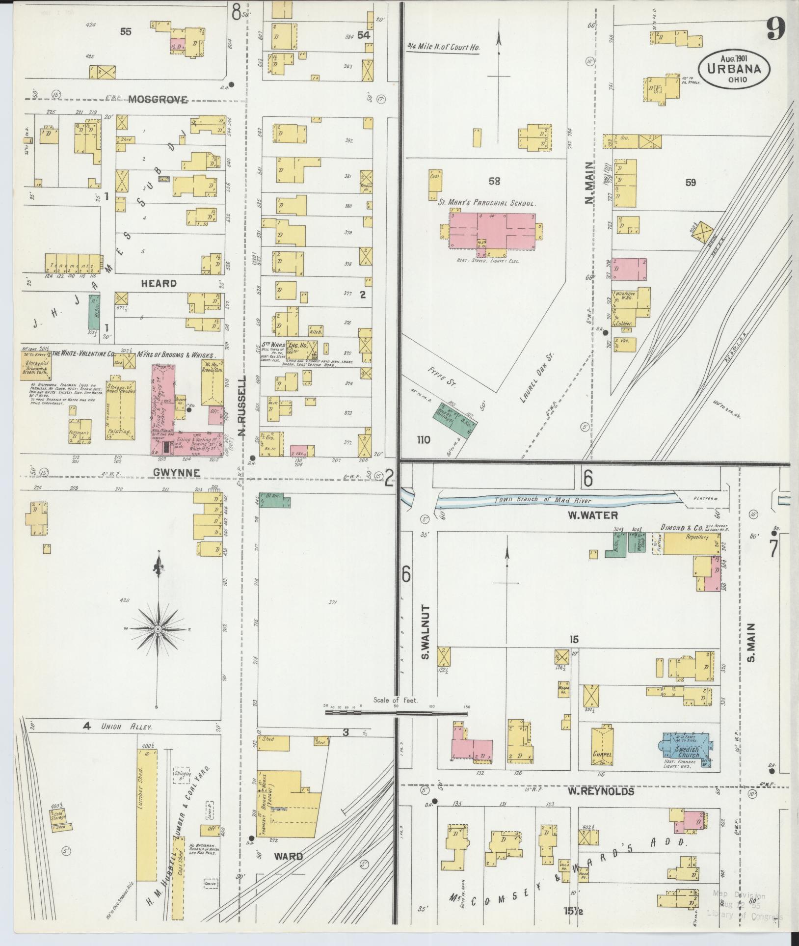 Sanborn Fire Insurance Map from Urbana, Champaign County, Ohio (1901), Sheet #0009 - Historic Sanborn Fire Insurance Map Print, vintage old map wall art, antique decor, genealogy gift, Ohio Ohio map