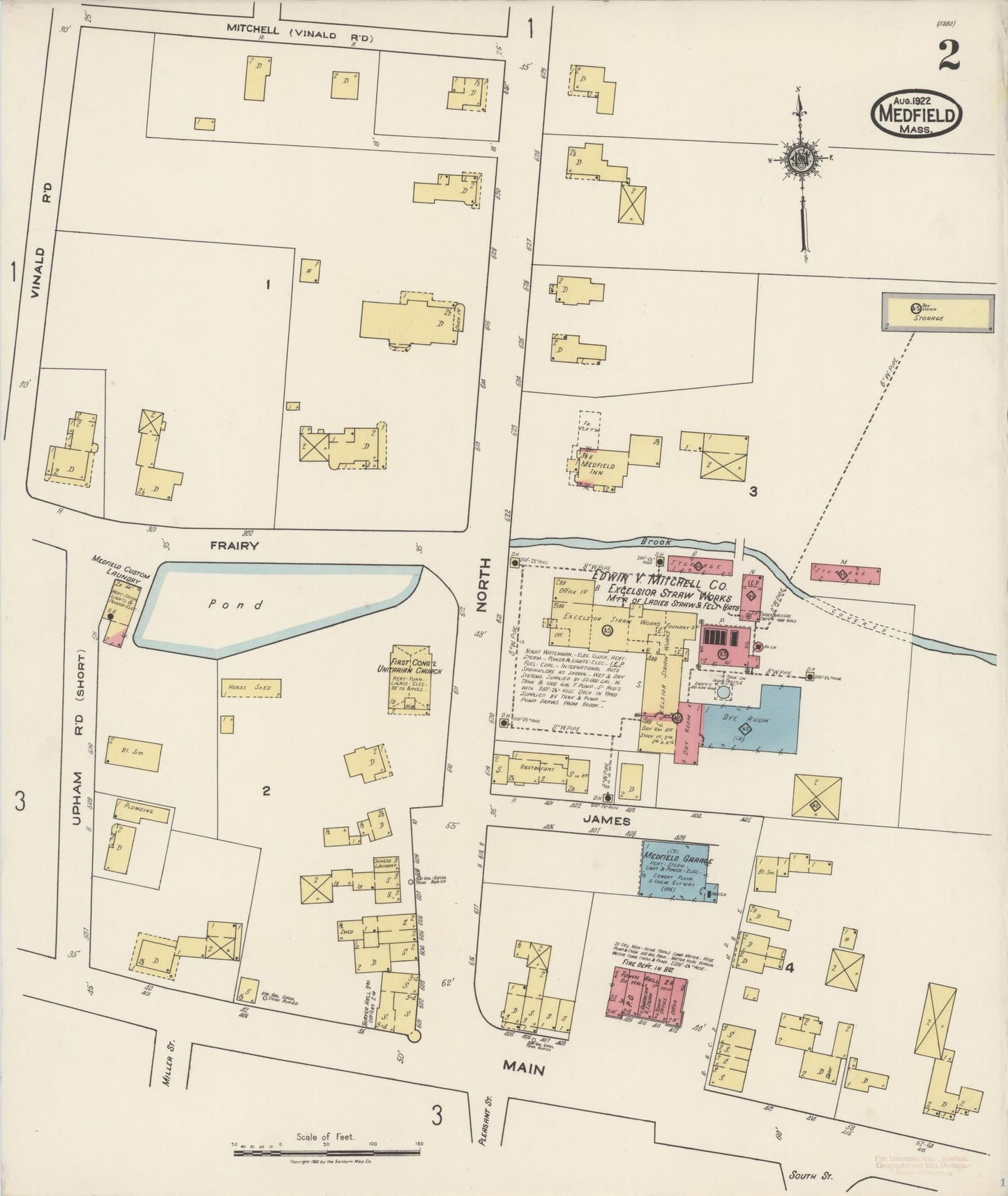 Sanborn Fire Insurance Map from Medfield, Norfolk County, Massachusetts (1922), Sheet #0002 - Historic Sanborn Fire Insurance Map Print, vintage old map wall art, antique decor, genealogy gift, Massachusetts Massachusetts map