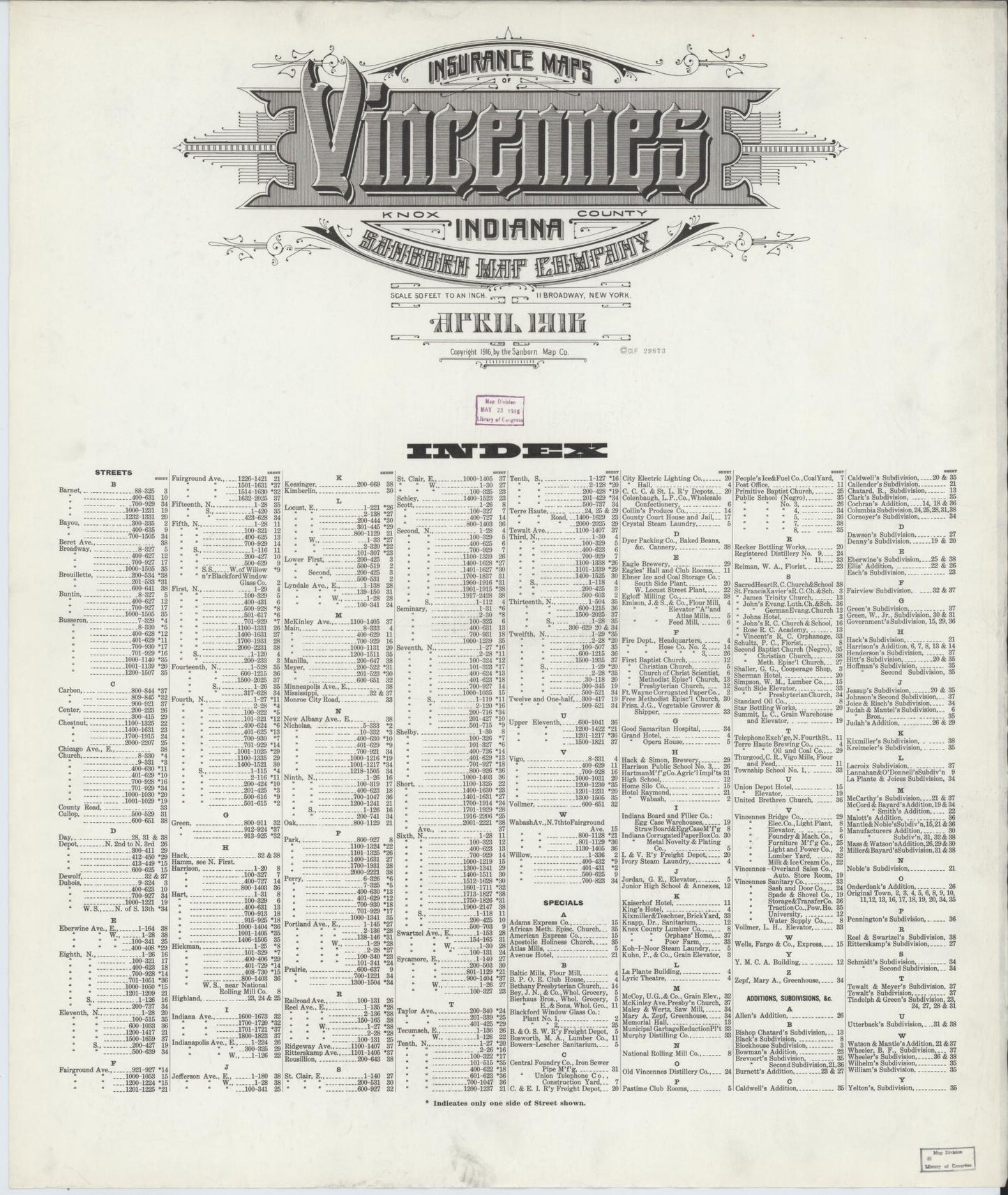 Sanborn Fire Insurance Map from Vincennes, Knox County, Indiana (1916), Sheet #0001 - Historic Sanborn Fire Insurance Map Print, vintage old map wall art, antique decor, genealogy gift, Indiana Indiana map