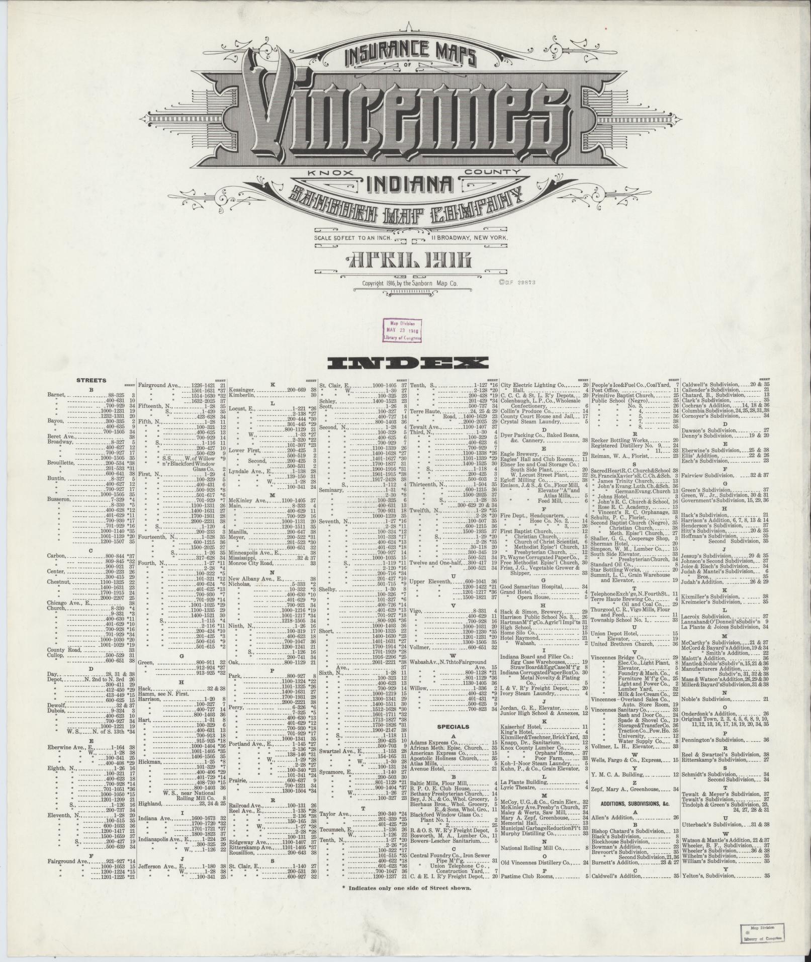 Sanborn Fire Insurance Map from Vincennes, Knox County, Indiana (1916), Sheet #0001 - Historic Sanborn Fire Insurance Map Print, vintage old map wall art, antique decor, genealogy gift, Indiana Indiana map