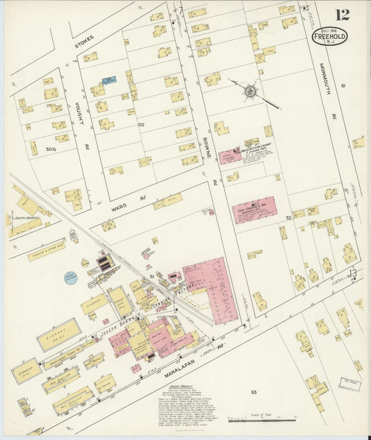 Sanborn Fire Insurance Map from Freehold, Monmouth County, New Jersey (1916), Sheet #0012 - Historic Sanborn Fire Insurance Map Print, vintage old map wall art, antique decor, genealogy gift, New Jersey New Jersey map