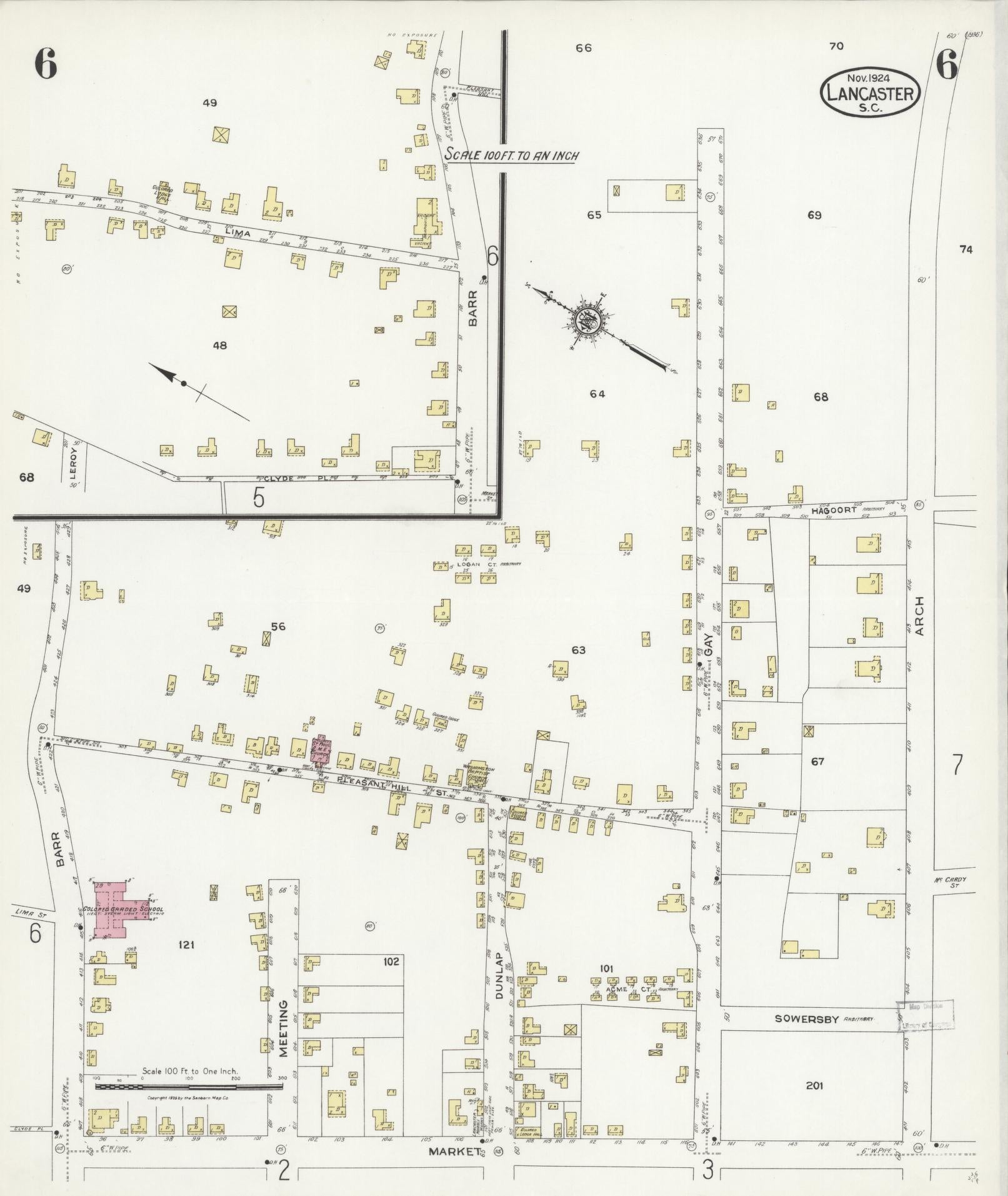 Sanborn Fire Insurance Map from Lancaster, Lancaster County, South Carolina (1924), Sheet #0006 - Historic Sanborn Fire Insurance Map Print, vintage old map wall art, antique decor, genealogy gift, South Carolina South Carolina map