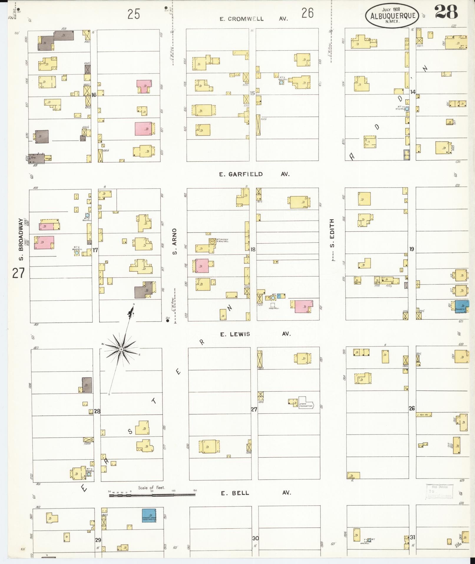 Sanborn Fire Insurance Map from Albuquerque, Bernalillo County, New Mexico (1908), Sheet #0028 - Historic Sanborn Fire Insurance Map Print, vintage old map wall art, antique decor, genealogy gift, New Mexico New Mexico map