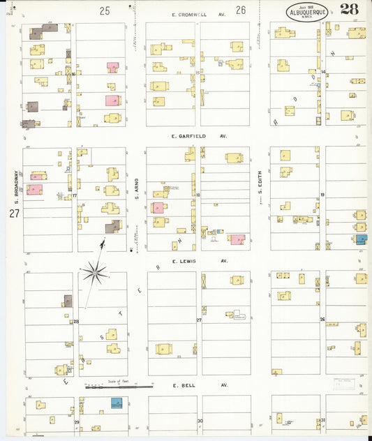 Sanborn Fire Insurance Map from Albuquerque, Bernalillo County, New Mexico (1908), Sheet #0028 - Historic Sanborn Fire Insurance Map Print, vintage old map wall art, antique decor, genealogy gift, New Mexico New Mexico map