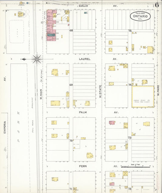 Sanborn Fire Insurance Map from Ontario, San Bernardino County, California (1895), Sheet #0006 - Historic Sanborn Fire Insurance Map Print, vintage old map wall art, antique decor, genealogy gift, California California map