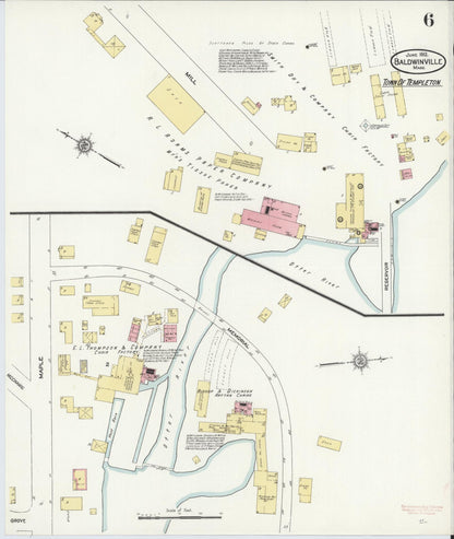 Sanborn Fire Insurance Map from Baldwinville, Worcester County, Massachusetts (1912), Sheet #0006 - Historic Sanborn Fire Insurance Map Print, vintage old map wall art, antique decor, genealogy gift, Massachusetts Massachusetts map