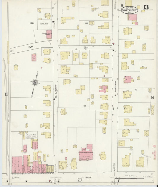 Sanborn Fire Insurance Map from Spartanburg, Spartanburg County, South Carolina (1912), Sheet #0013 - Historic Sanborn Fire Insurance Map Print, vintage old map wall art, antique decor, genealogy gift, South Carolina South Carolina map