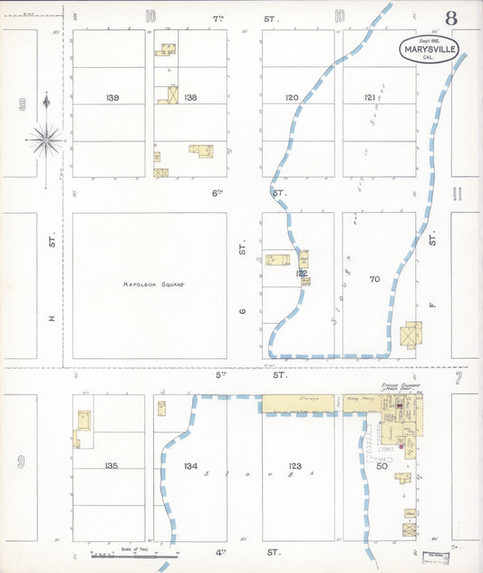 Sanborn Fire Insurance Map from Marysville, Yuba County, California (1895), Sheet #0008 - Historic Sanborn Fire Insurance Map Print, vintage old map wall art, antique decor, genealogy gift, California California map
