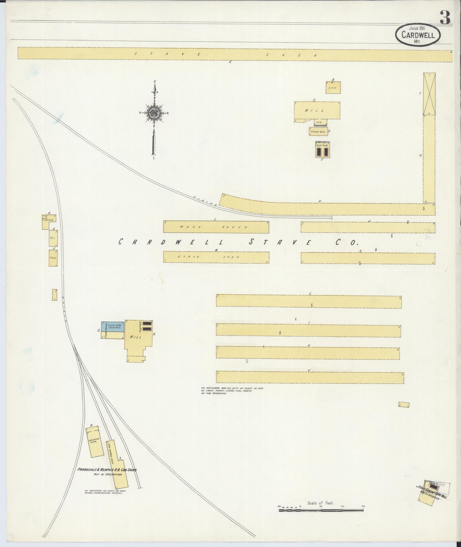 Sanborn Fire Insurance Map from Cardwell, Dunklin County, Missouri (1911), Sheet #0003 - Complete Map Set gallery image, historic Sanborn map, vintage wall art, Missouri Missouri