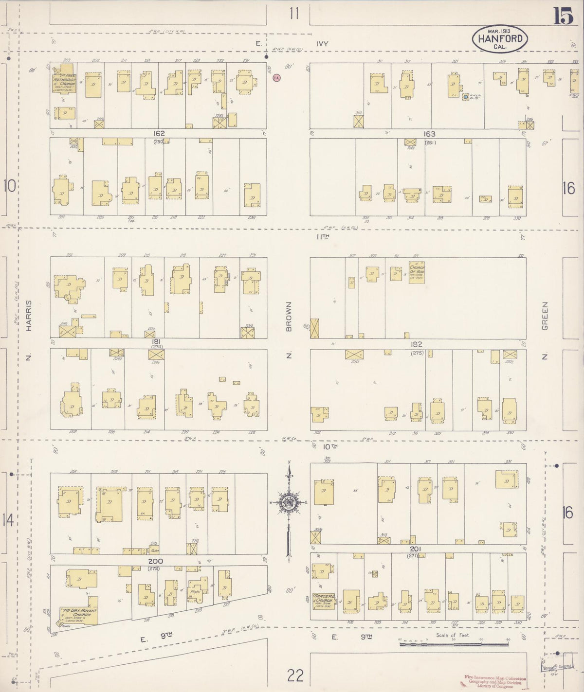 Sanborn Fire Insurance Map from Hanford, Kings County, California (1913), Sheet #0015 - Complete Map Set gallery image, historic Sanborn map, vintage wall art, California California