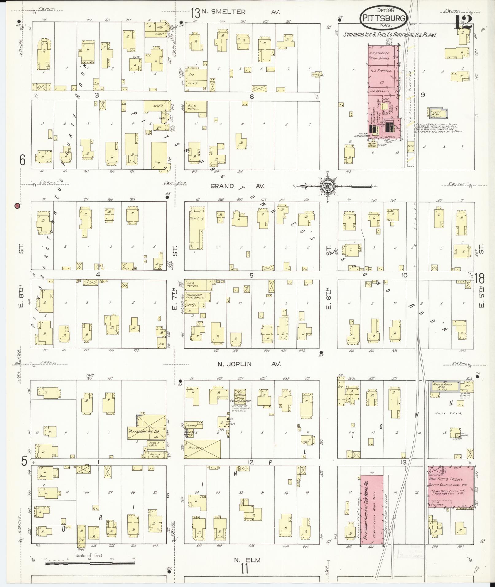 Sanborn Fire Insurance Map from Pittsburg, Crawford County, Kansas (1913), Sheet #0012 - Historic Sanborn Fire Insurance Map Print, vintage old map wall art, antique decor, genealogy gift, Kansas Kansas map