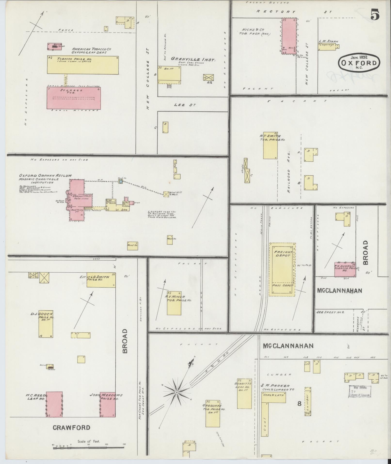 Sanborn Fire Insurance Map from Oxford, Granville County, North Carolina (1892), Sheet #0005 - Historic Sanborn Fire Insurance Map Print, vintage old map wall art, antique decor, genealogy gift, North Carolina North Carolina map