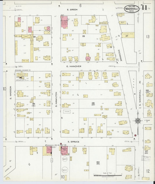 Sanborn Fire Insurance Map from Marshall, Calhoun County, Michigan (1916), Sheet #0011 - Historic Sanborn Fire Insurance Map Print, vintage old map wall art, antique decor, genealogy gift, Michigan Michigan map