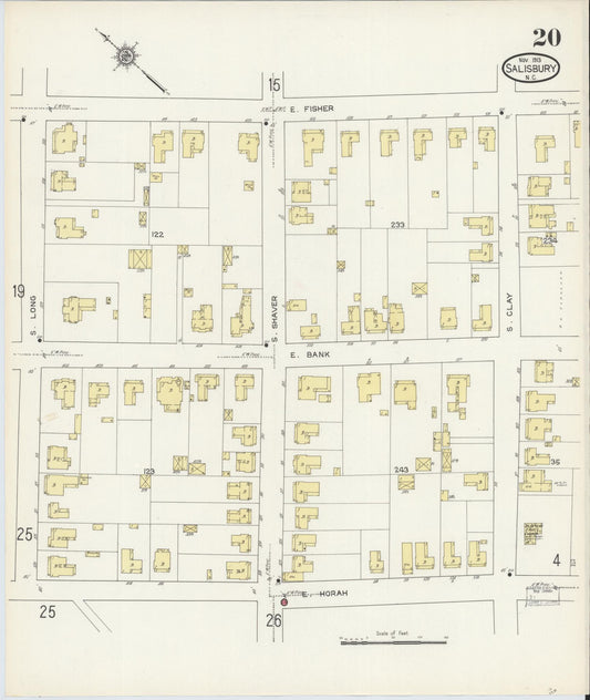 Sanborn Fire Insurance Map from Salisbury, Rowan County, North Carolina (1913), Sheet #0020 - Historic Sanborn Fire Insurance Map Print, vintage old map wall art, antique decor, genealogy gift, North Carolina North Carolina map