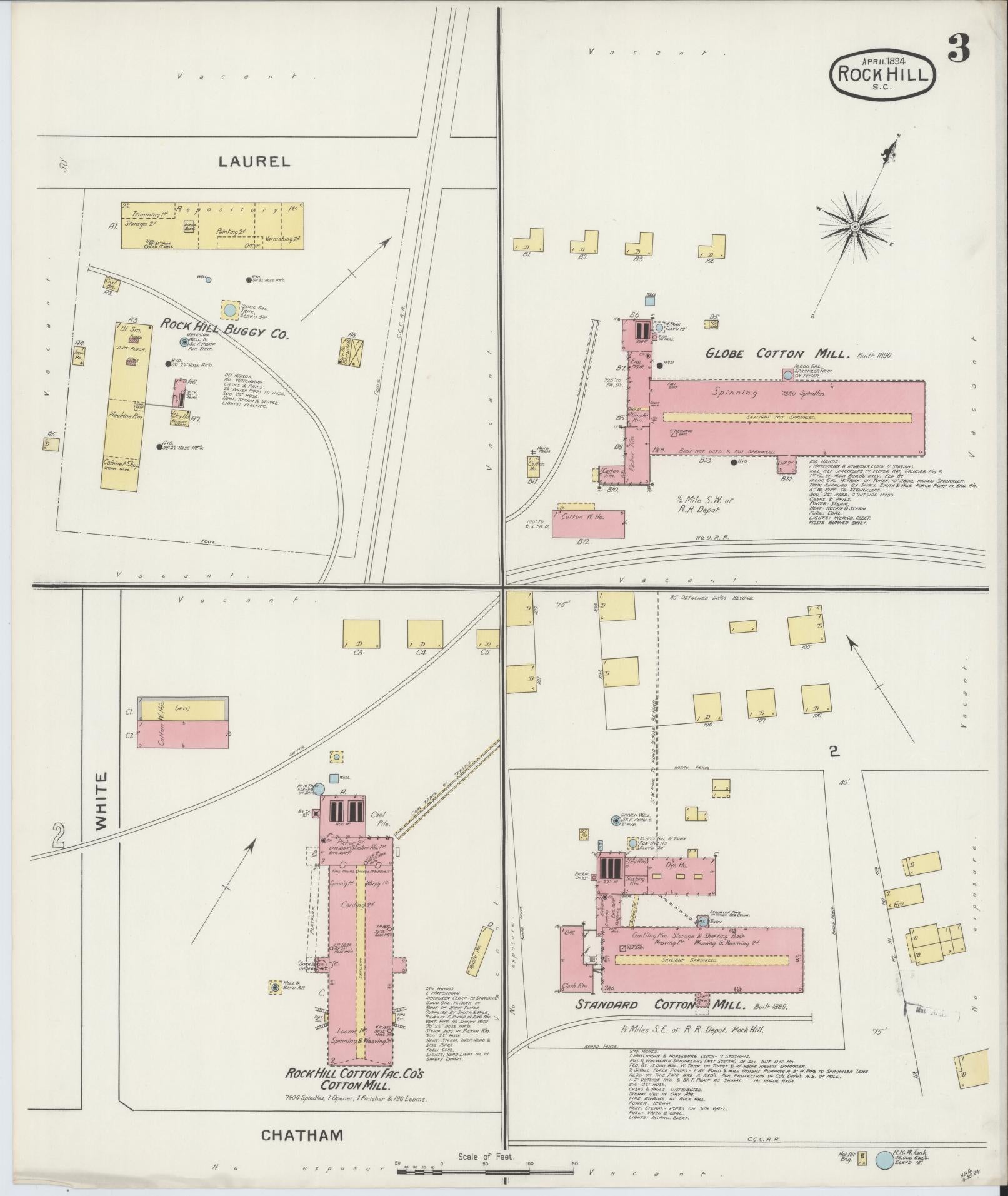 Sanborn Fire Insurance Map from Rock Hill, York County, South Carolina (1894), Sheet #0004 - Historic Sanborn Fire Insurance Map Print, vintage old map wall art, antique decor, genealogy gift, South Carolina South Carolina map