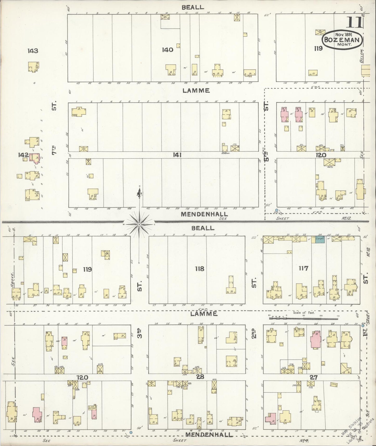 Sanborn Fire Insurance Map from Bozeman, Gallatin County, Montana (1891), Sheet #0011 - Historic Sanborn Fire Insurance Map Print, vintage old map wall art, antique decor, genealogy gift, Montana Montana map