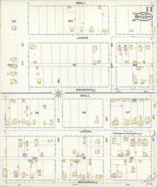 Sanborn Fire Insurance Map from Bozeman, Gallatin County, Montana (1891), Sheet #0011 - Historic Sanborn Fire Insurance Map Print, vintage old map wall art, antique decor, genealogy gift, Montana Montana map
